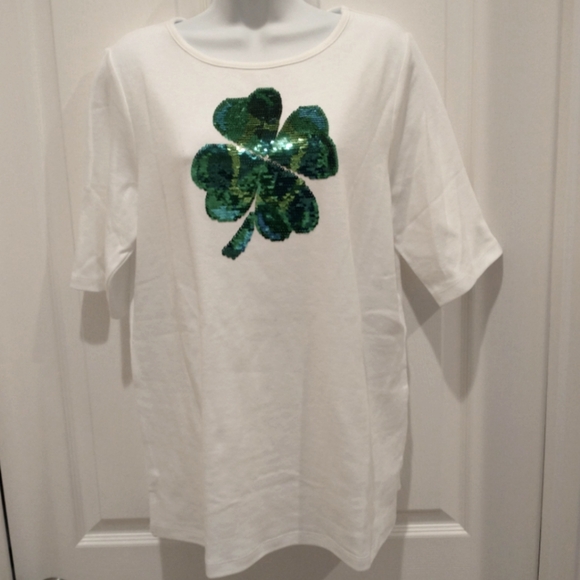 Quacker Factory Tops - SOLD - Quaker Factory White Tee with Green Sequin Shamrock, Medium, NWT
